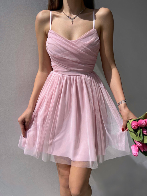 İnce Askılı Mini Boy Astarlı Tül Kumaş Layne Kadın Pudra Elbise 22Y000256