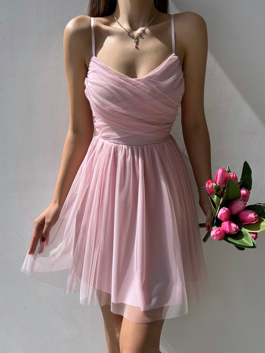 İnce Askılı Mini Boy Astarlı Tül Kumaş Layne Kadın Pudra Elbise 22Y000256