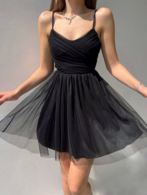 İnce Askılı Mini Boy Astarlı Tül Kumaş Layne Kadın Siyah Elbise 22Y000256