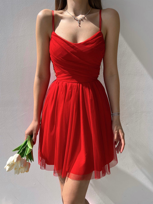 İnce Askılı Mini Boy Astarlı Tül Kumaş Layne Kadın Kırmızı Elbise 22Y000256