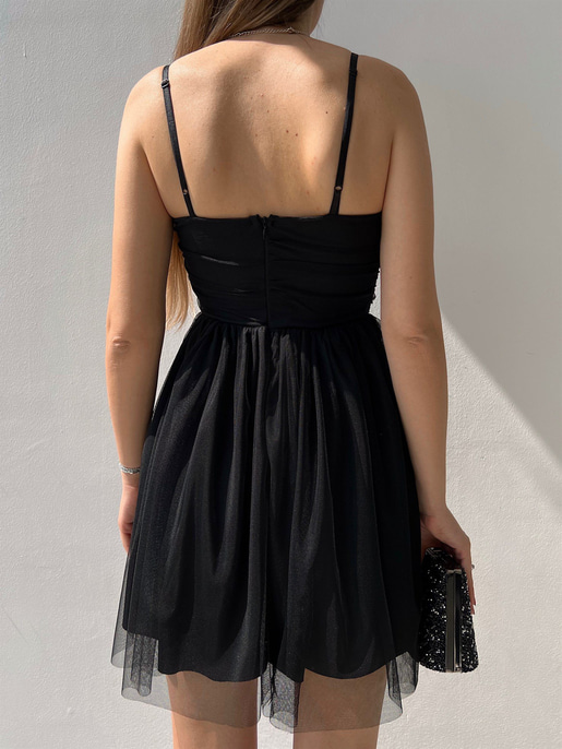 İnce Askılı Mini Boy Astarlı Tül Kumaş Layne Kadın Siyah Elbise 22Y000256