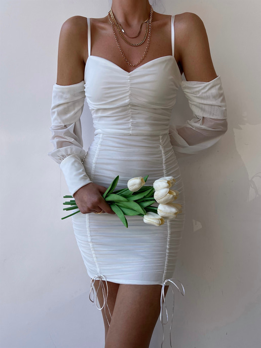 Ince Askılı Takma Kol Görünümlü Drapeli Nadia Kadın Beyaz Elbise 22Y000255