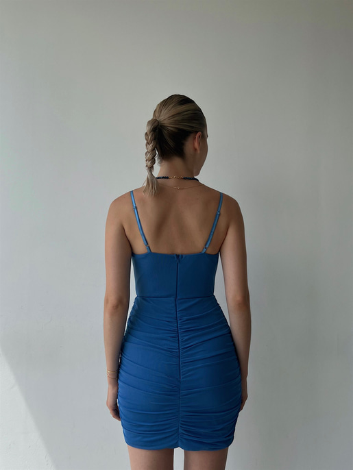 İnce Askılı Tül Göğüsü V Detay Drapeli Zaniel Kadın Mavi Elbise 22Y000363