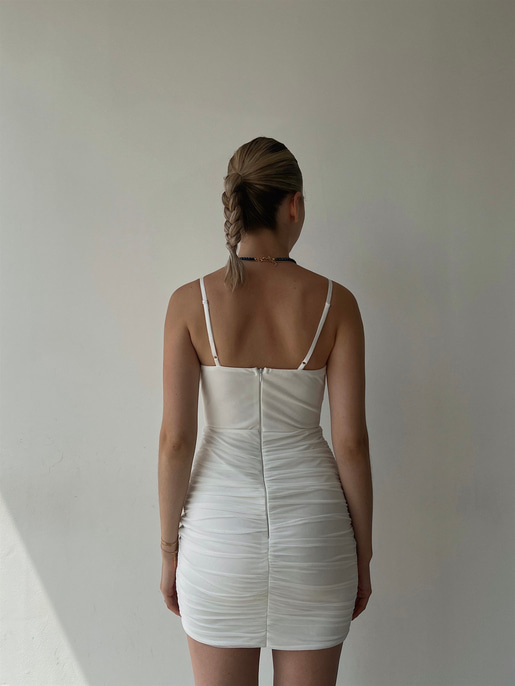 İnce Askılı Tül Göğüsü V Detay Drapeli Zaniel Kadın Beyaz Elbise 22Y000363