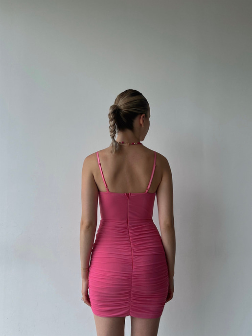 İnce Askılı Tül Göğüsü V Detay Drapeli Zaniel Kadın Pembe Elbise 22Y000363