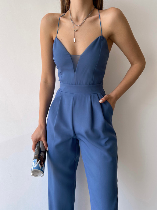 İnce Askılı Yakası Tül Detay Pileli Saul Kadın İndigo Tulum 22Y000284