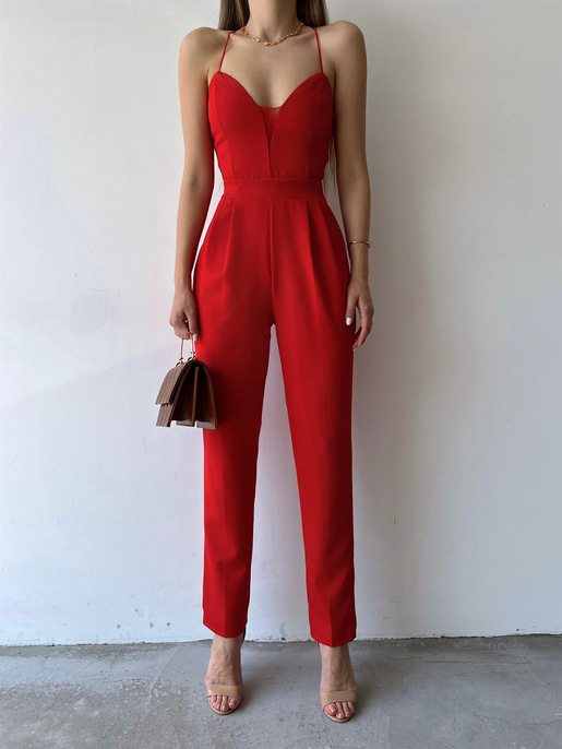 İnce Askılı Yakası Tül Detay Pileli Saul Kadın Kırmızı Tulum 22Y000284