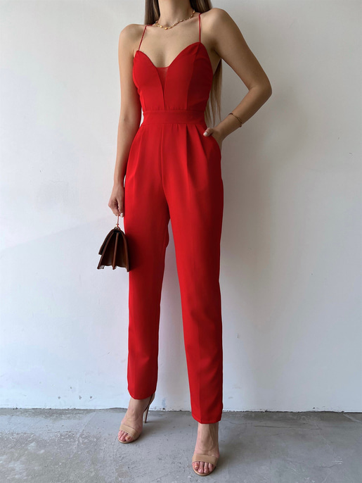 İnce Askılı Yakası Tül Detay Pileli Saul Kadın Kırmızı Tulum 22Y000284