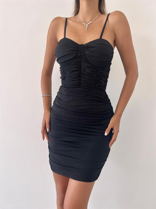 İnce Saten Askılı Drapeli Tül Kumaş Mini Vita Kadın Siyah Elbise 22Y000361