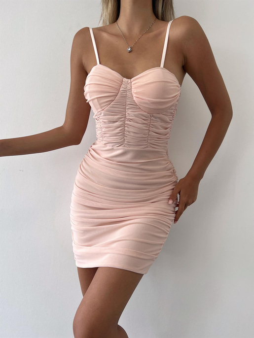 İnce Saten Askılı Drapeli Tül Kumaş Mini Vita Kadın Pudra Elbise 22Y000361