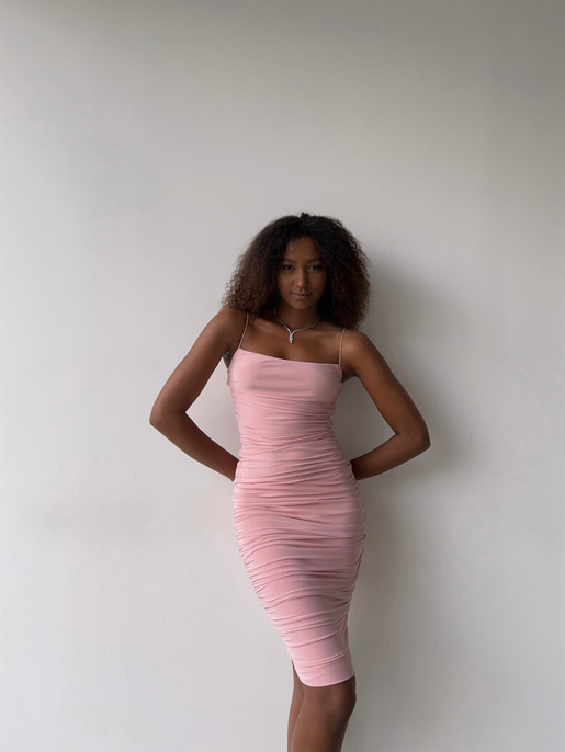 İp Askılı Büzgülü Likra Kumaş Destiny Kadın Pudra Kalem Elbise 22Y000057