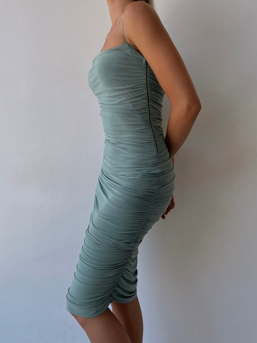 İp Askılı Büzgülü Likra Kumaş Destiny Kadın Mint Kalem Elbise 22Y000057