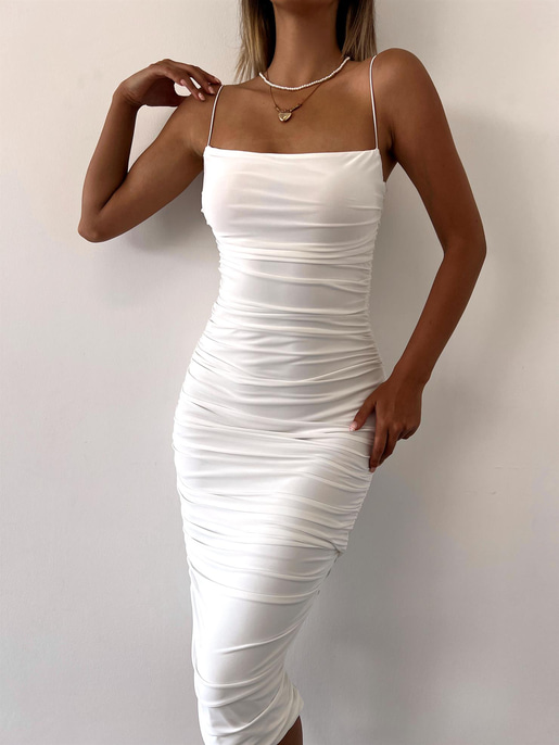 İp Askılı Büzgülü Likra Kumaş Destiny Kadın Beyaz Kalem Elbise 22Y000057