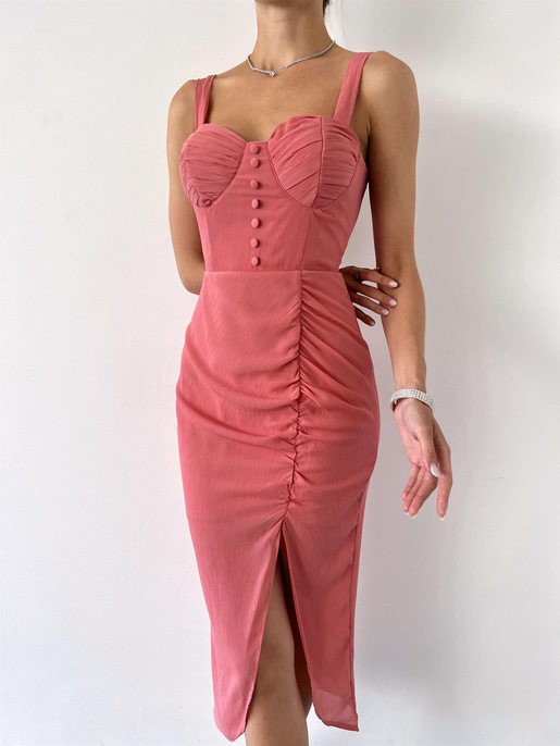 Kalın Askı Drape Yandan Yırtmaçlı Ella Kadın Pudra Elbise 22K000530