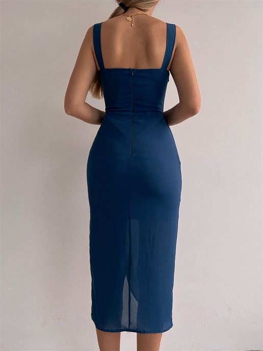 Kalın Askı Drape Yandan Yırtmaçlı Ella Kadın İndigo Elbise 22K000530