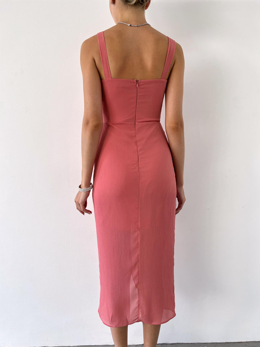 Kalın Askı Drape Yandan Yırtmaçlı Ella Kadın Pudra Elbise 22K000530