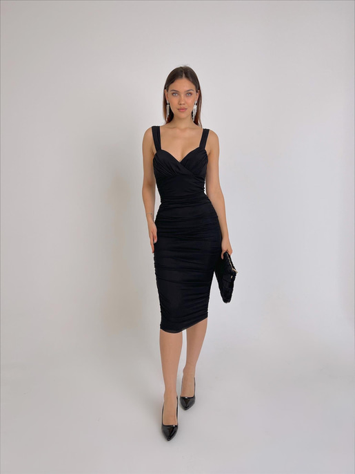 Kalın Askı Kalp Yaka Drapeli Tamia Kadın Siyah Midi Elbise 23Y000029