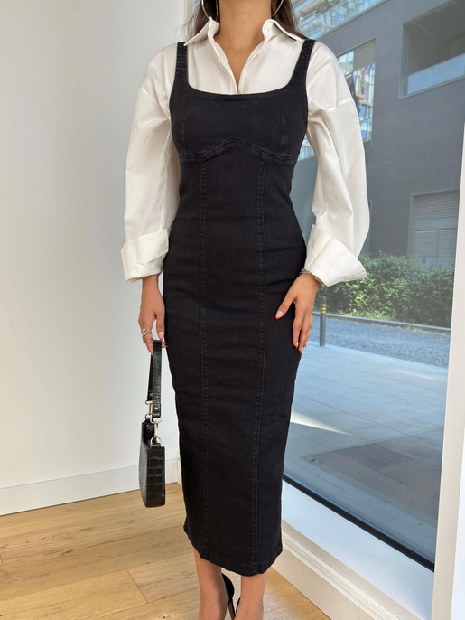 Kalın Askılı Arkası Fermuar Ve Yırtmaçlı Azimute Kadın Siyah Kalem Kot Elbise 24k000165