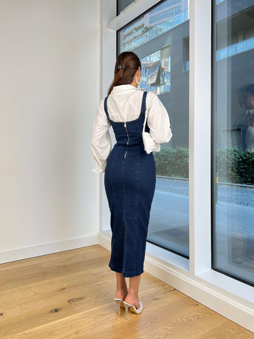 Kalın Askılı Arkası Fermuar Ve Yırtmaçlı Azimute Kadın Mavi Kalem Elbise 24k000165