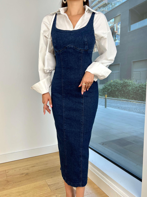 Kalın Askılı Arkası Fermuar Ve Yırtmaçlı Azimute Kadın Mavi Kalem Elbise 24k000165