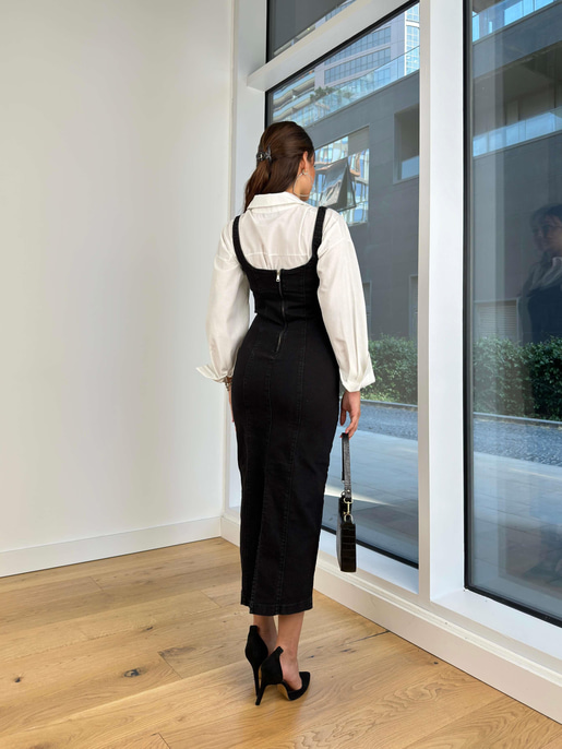 Kalın Askılı Arkası Fermuar Ve Yırtmaçlı Azimute Kadın Siyah Kalem Kot Elbise 24k000165