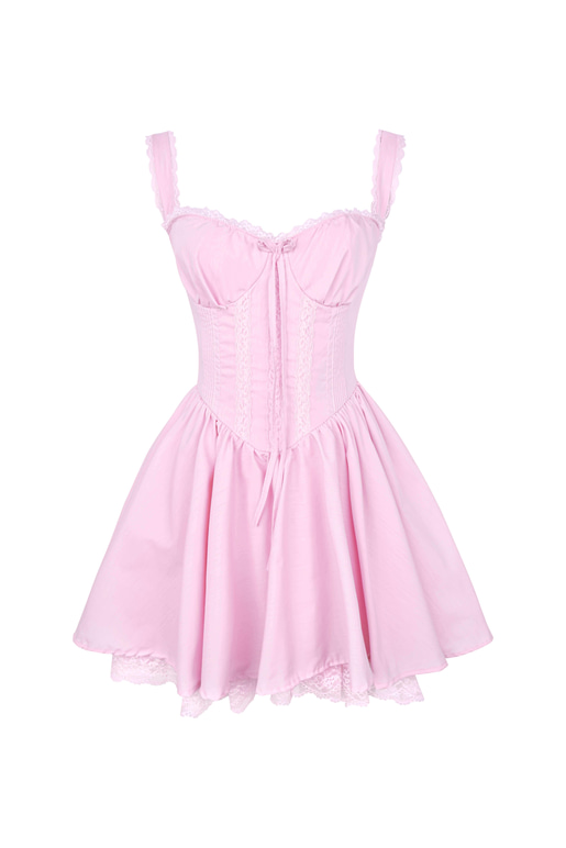 Kalın Askılı Önü Bağlama Detaylı Belden Oturtmalı Minda Pembe Kadın Dantel Detaylı Mini Elbise 24Y483