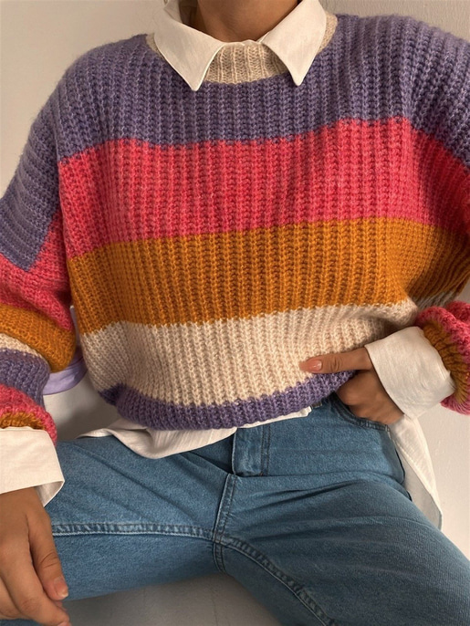 Kalın Çizgili Oversize Kadın Renkli Örme Kazak 22K000052