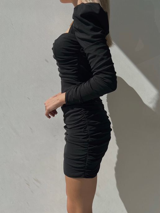 Kalp Yaka Drape Detay Uzun Kollu Lucida Kadın Siyah Elbise 23K000092