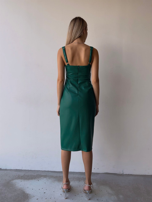 Kalp Yaka Drapeli Kalın Askılı Eteği Kruvaze Jamarcus Kadın Yeşil Vegan Deri Elbise 23K000095
