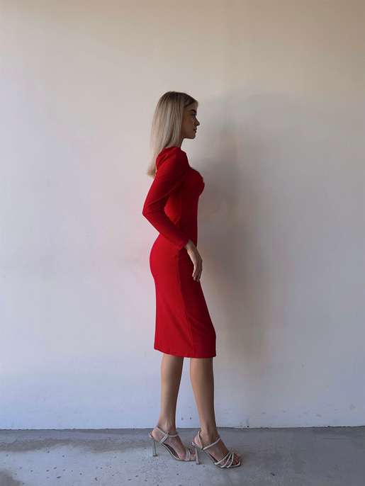 Kalp Yaka Göğüs Çevresi Taş Detaylı Uzun Kollu Libero Kadın Kırmızı Midi Boy Elbise 23K000102