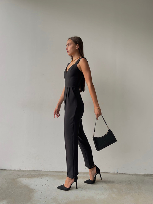 Kalp Yaka Kalın Askı Arkası Fermuarlı Ruby Kadın Siyah Tulum 22K000568