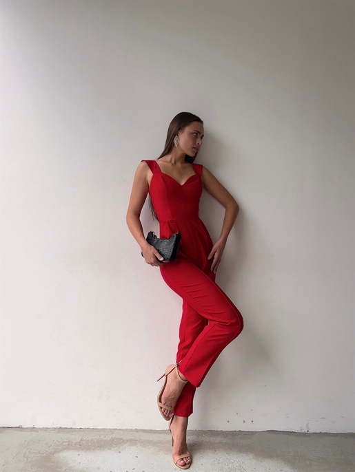 Kalp Yaka Kalın Askı Arkası Fermuarlı Ruby Kadın Kırmızı Tulum 22K000568