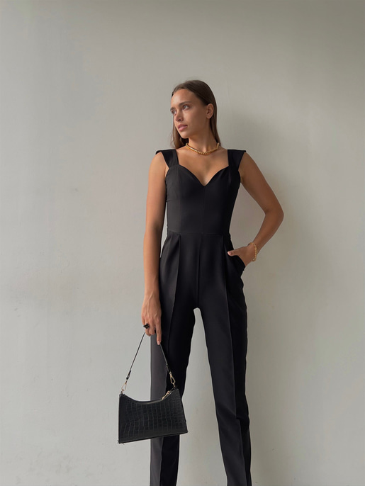 Kalp Yaka Kalın Askı Arkası Fermuarlı Ruby Kadın Siyah Tulum 22K000568