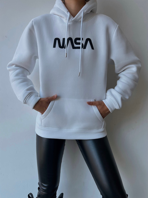 Kapüşonlu Cepli Nasa Yazılı Coman Kadın Beyaz Sweatshirt 23K000123