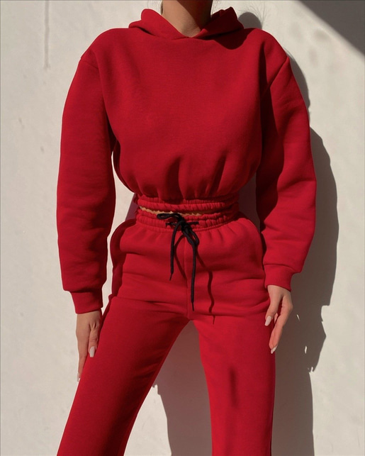 Kapüşonlu Crop Sweat Bağcıklı Alt Arella Kadın Kırmızı Eşofman Takım 22K000195
