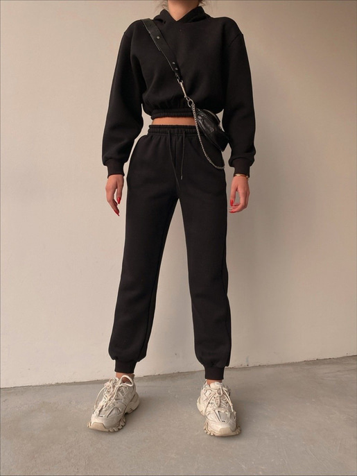 Kapüşonlu Crop Sweat Bağcıklı Alt Arella Kadın Siyah Eşofman Takım 22K000195