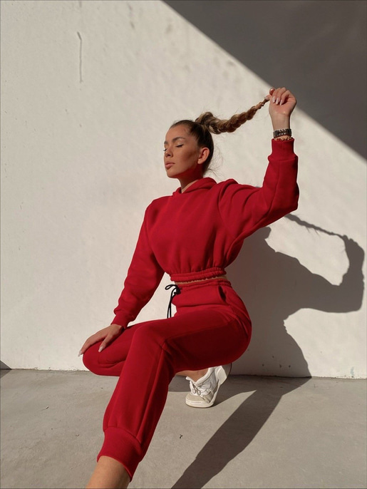 Kapüşonlu Crop Sweat Bağcıklı Alt Arella Kadın Kırmızı Eşofman Takım 22K000195