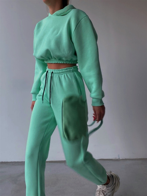 Kapüşonlu Crop Sweat Bağcıklı Alt Arella Kadın Mint Eşofman Takım 22K000195