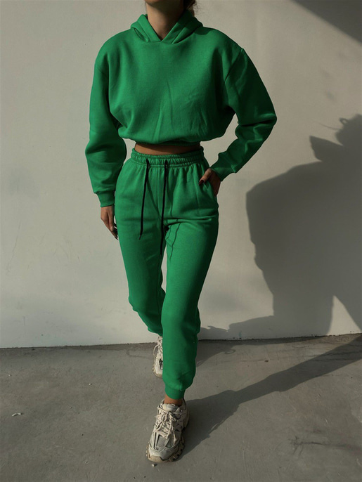 Kapüşonlu Crop Sweat Bağcıklı Alt Arella Kadın Yeşil Eşofman Takım 22K000195