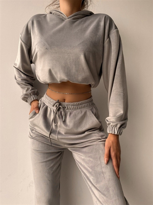 Kapüşonlu Crop Sweat Lastikli alt Kadife Kadın Gri İkili Takım 22K000174