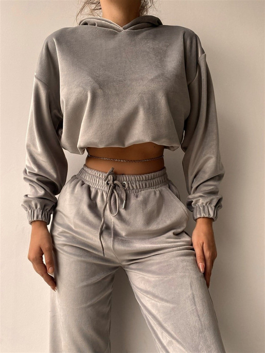 Kapüşonlu Crop Sweat Lastikli alt Kadife Kadın Gri İkili Takım 22K000174