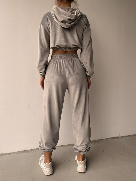 Kapüşonlu Crop Sweat Lastikli alt Kadife Kadın Gri İkili Takım 22K000174