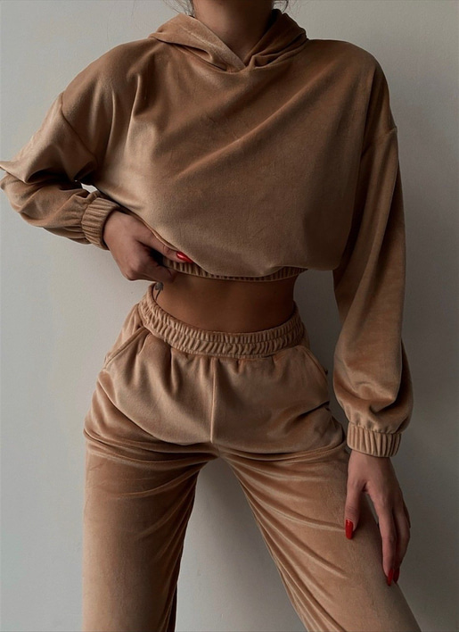 Kapüşonlu Crop Sweat Lastikli alt Kadife Kadın Bej Renk İkili Takım 22K000174