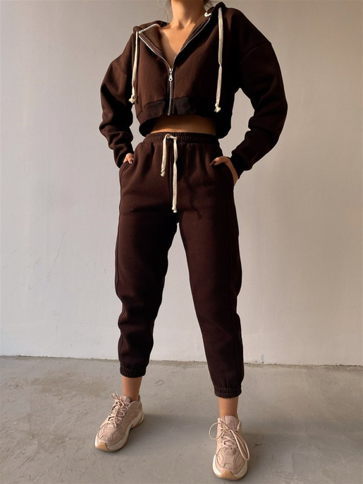 Kapüşonlu Fermuarlı Sweat Lastikli Alt Kadın Kahverengi Eşofman Takım 22K000186