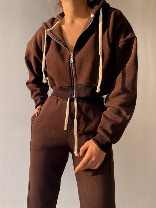 Kapüşonlu Fermuarlı Sweat Lastikli Alt Kadın Kahverengi Eşofman Takım 22K000186