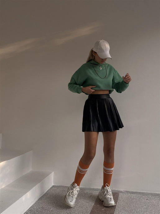 Kapüşonlu Lastik Bel Kadın Yeşil Crop Sweat 22K000012