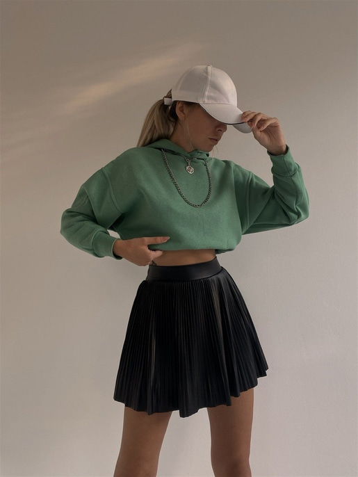 Kapüşonlu Lastik Bel Kadın Yeşil Crop Sweat 22K000012