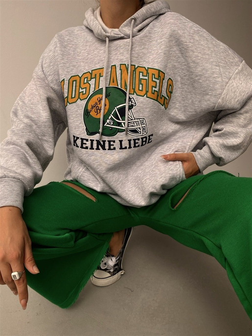 Kapüşonlu Lost Angels Baskılı Kadın Gri Sweatshirt 22K000161