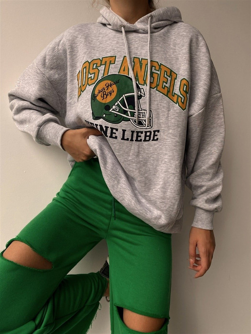 Kapüşonlu Lost Angels Baskılı Kadın Gri Sweatshirt 22K000161