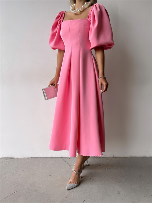 Kare Yaka Kısa Balon Kol Belden Oturtmalı Brice Kadın Pembe Elbise 23Y000150